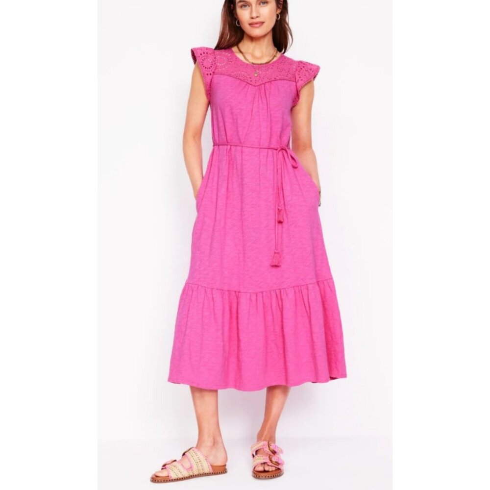 Boden Maxi Dress 8 L Cotton Colorful Smocked Pockets Short Sleeve Washable NEW
